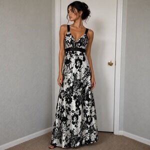 J.R. Nites by Caliendo Black White Floral Satin Maxi Gown Dress Vintage Style